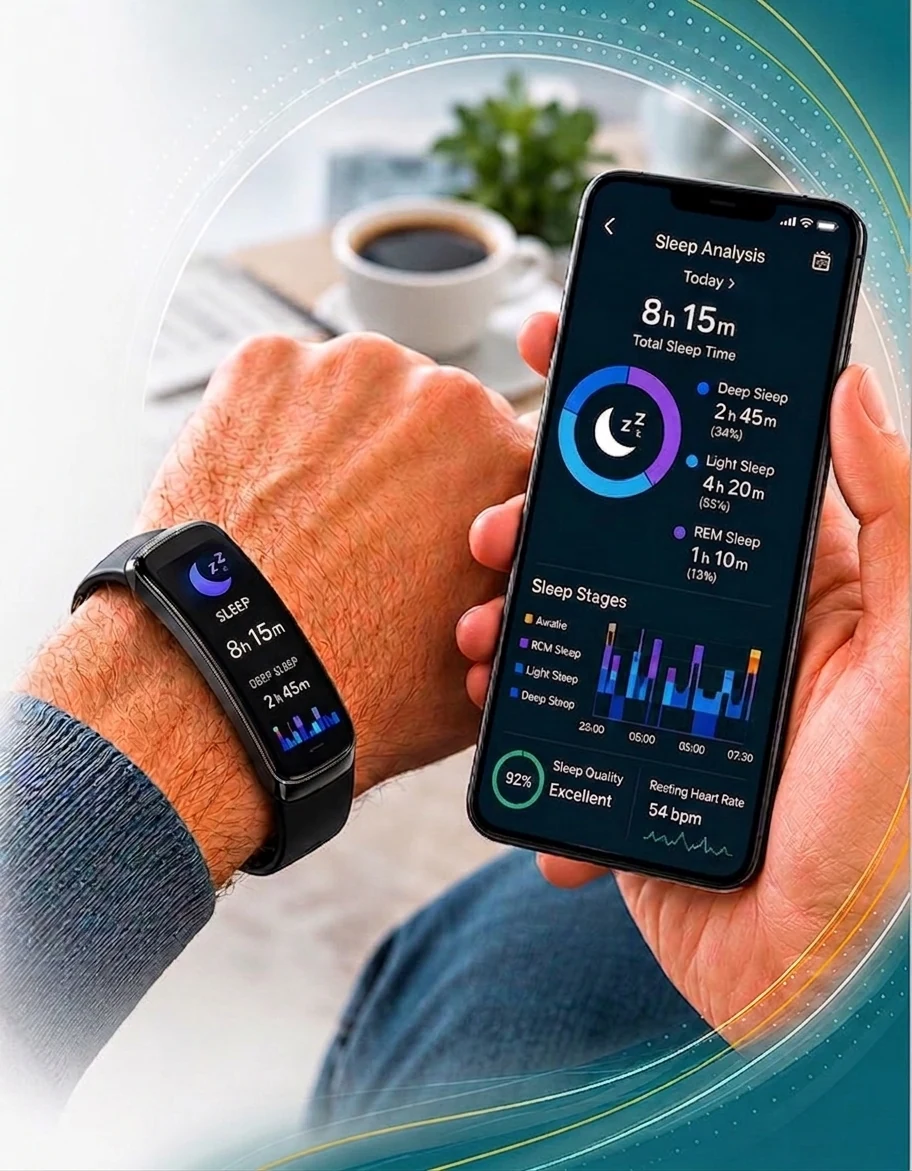 A fitness tracker on a wrist and a smartphone with sleep analysis: deep and REM phases, sleep quality, resting heart rate